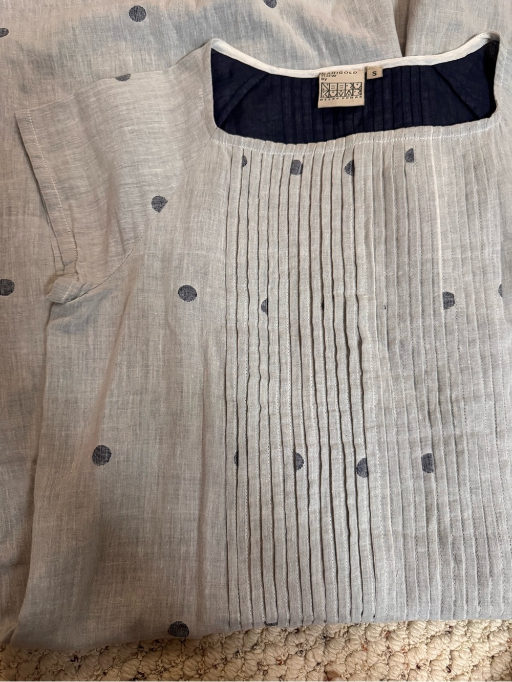 Marigold Row by Neeru Kumar Pleated Dress in Light Chambray and Navy Dot Linen - Picture 3 of 3
